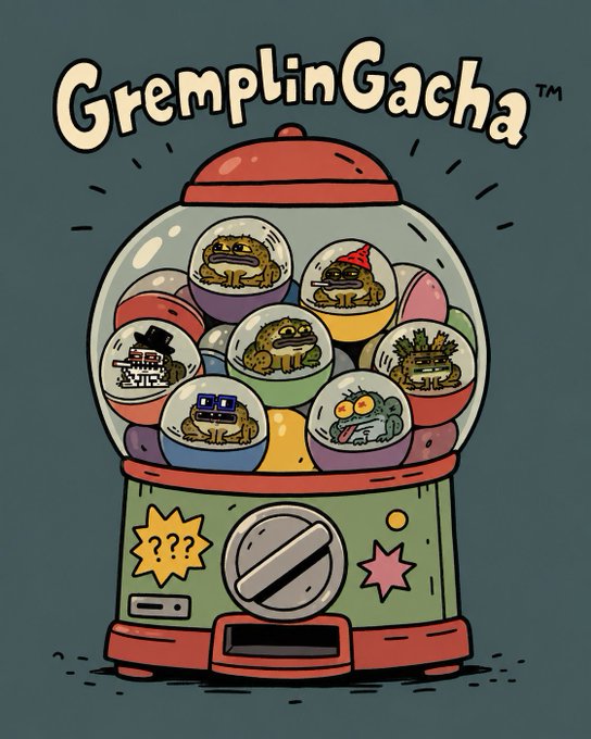 A cartoon illustration of a 'Gremlin Gacha' machine filled with capsule toys containing various frog-like creatures.