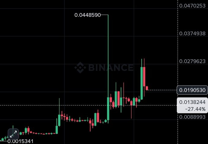 A Binance cryptocurrency price chart showing a major spike to 0.0448590 followed by a -27.44% drop to a current price of 0.0138244.