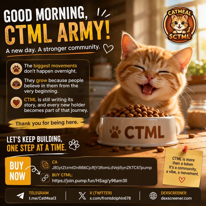 A promotional graphic for a cryptocurrency/meme coin called 'CTML' ($CTML) featuring a happy orange cat at a food bowl, with text 'GOOD MORNING, CTML ARMY!' and links to Telegram, X (Twitter), and Dexscreener.