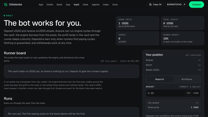 A screenshot of the Orbitstocks Vault interface displaying "The bot works for you." with options for deposits and withdrawals, and stats like "SHARE PRICE 1 USDG" and "RUNNER BOUNTY 10%".