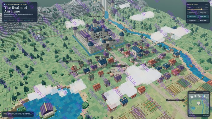 The image shows a screenshot from a strategy game called "The Realm of Aurelune," featuring an isometric view of a settlement with buildings, fields, and a river, along with UI elements like "Reputation: Trusted" and "The Aurum Council" in the top right corner. The accompanying post discusses GPT-6 Sol test results and performance comparisons, suggesting the image is unrelated to the text, as it depicts a fictional kingdom-building game rather than AI benchmarking data.