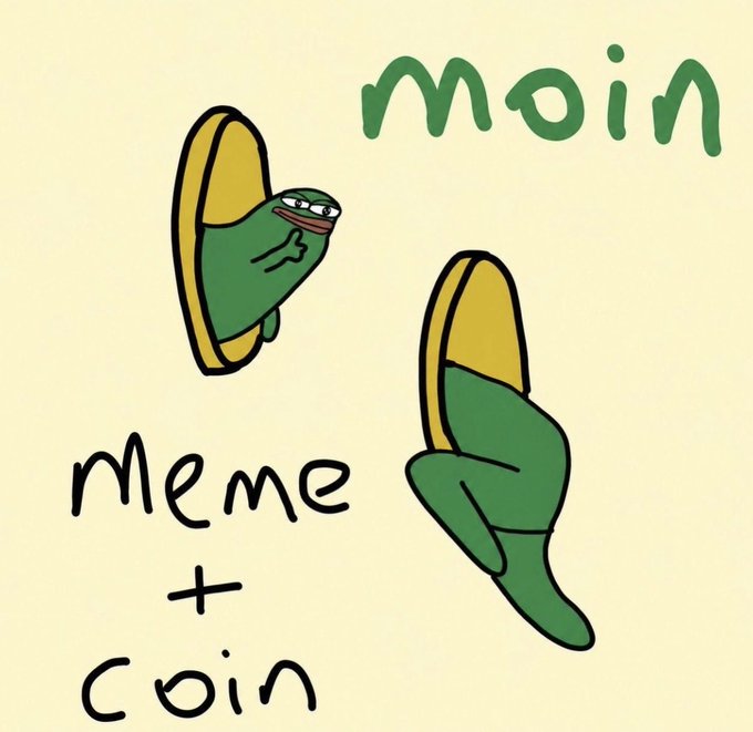 A cartoon drawing features a green frog-like character combined with a gold coin, with the handwritten text 'Moin' at the top and 'Meme + Coin' at the bottom left.