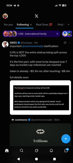 A tweet from OKES (@horkays) clarifies that only 0.5% of the airdrop is being distributed among the top 1,000 participants, with the rest to be unlocked over 7 days based on market cap milestones, quoting @commonsmade. A related post from Commons mentions the token reached ~$5.3M after hitting ~$8.4M.