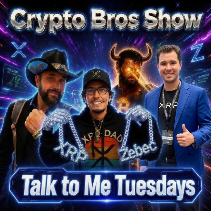 Promotional graphic for the 'Crypto Bros Show' featuring 'Talk to Me Tuesdays' with three men (one wearing an 'XRP DAD' shirt) and demonic XRP and Zebec logos.