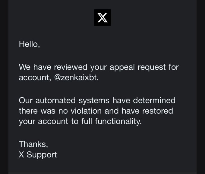 The image shows an X support email to @zenkaixbt confirming their automated systems found no violation and restored full account functionality. The message aligns with the accompanying post explaining the 2-day absence was due to a mistakenly suspended X account that has now been resolved.