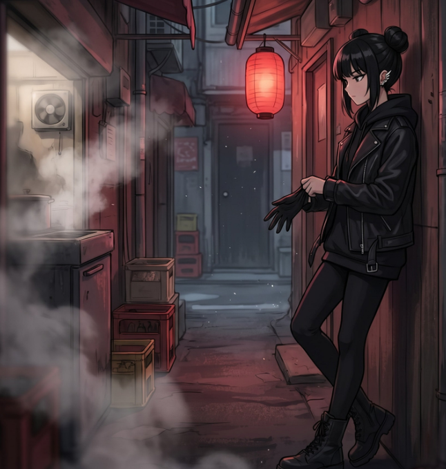 An anime-style illustration of a woman in a black leather jacket and gloves standing in a dimly lit alleyway illuminated by a red paper lantern.