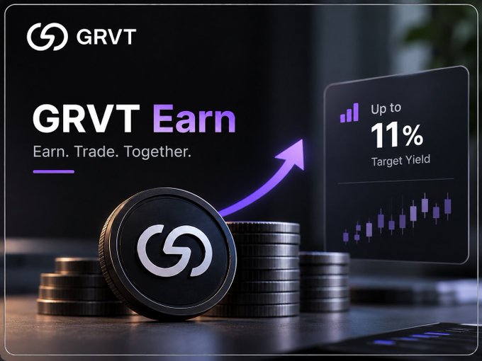 A promotional graphic for “GRVT Earn” shows stacked coins, a rising purple arrow, and a panel reading “Up to 11% Target Yield” with the tagline “Earn. Trade. Together.”