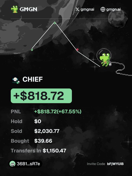 A screenshot of a GMGN portfolio for wallet "CHIEF" showing a profit of +$818.72 (+67.55%) with a referral code "bFJWYUIB," displayed alongside a header illustration of a green astronaut frog near a moon and an upward chart line, illustrating the trading bot's gains referenced in the post.