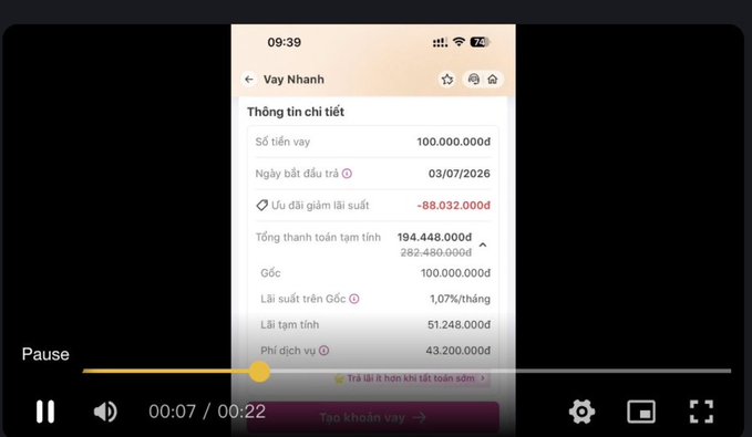 A Vietnamese-language video screenshot showing a loan detail page (Vay Nhanh) with a loan amount of 100,000,000 VND and a total payment of 194,448,000 VND, paused at 7 seconds.