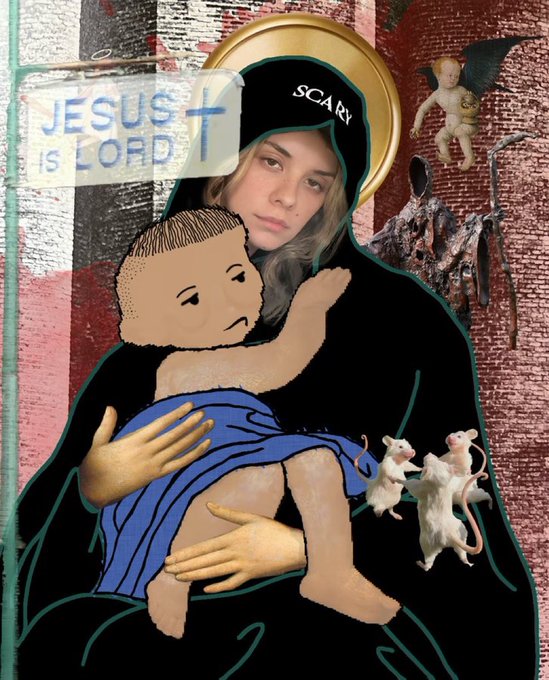 A religious-style digital collage featuring a hooded figure holding a child, with a "JESUS IS LORD" banner, a "SCARY" hat, and various surreal elements like mice and a small demon.