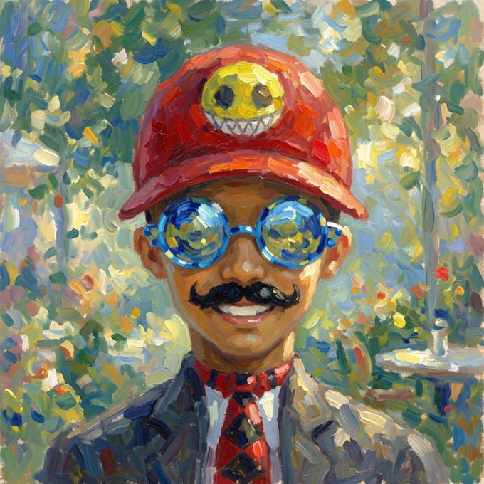 An impressionistic oil painting portrait of a smiling man with a mustache, wearing a red cap featuring a yellow smiley face, round blue reflective sunglasses, and a striped tie.