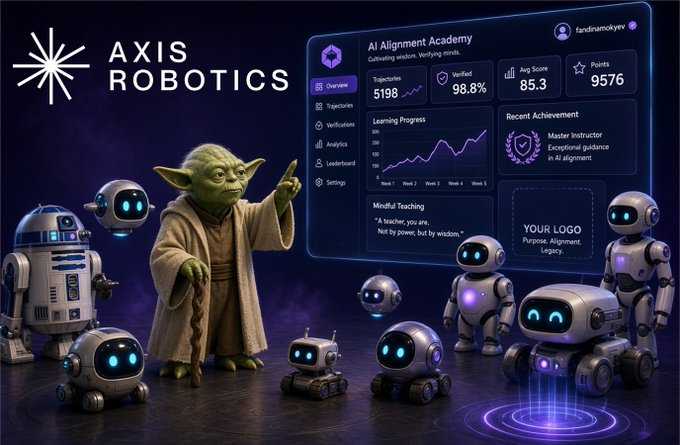 An 'AXIS ROBOTICS' themed dashboard for 'AI Alignment Academy' featuring Yoda alongside R2-D2 and various small robots, showing a verified status of 98.8%, Avg Score 85.3, and 9576 points for user 'fandnamokyer'.