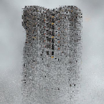 A 3D rectangular structure is composed of a complex web of tiny interconnected figures and metal scaffolding, set against a misty background.
