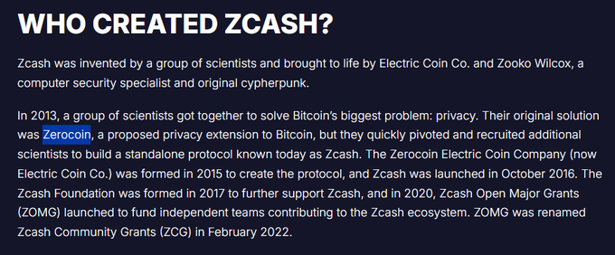 Text slide titled 'WHO CREATED ZCASH?' explaining it was invented by scientists and brought to life by Electric Coin Co. and Zooko Wilcox, with Zerocoin as the original privacy extension to Bitcoin.