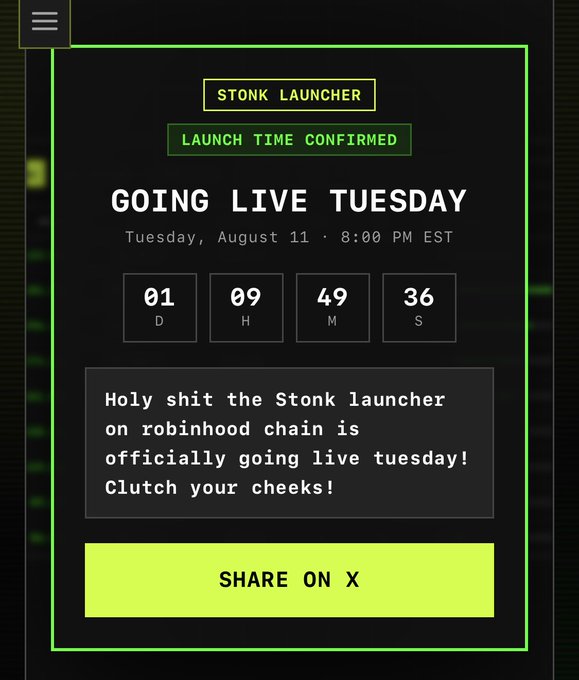 A digital countdown timer for 'STONK LAUNCHER' displays 'GOING LIVE TUESDAY' with the message 'Holy shit the Stonk launcher on robinhood chain is officially going live tuesday! Clutch your cheeks!'