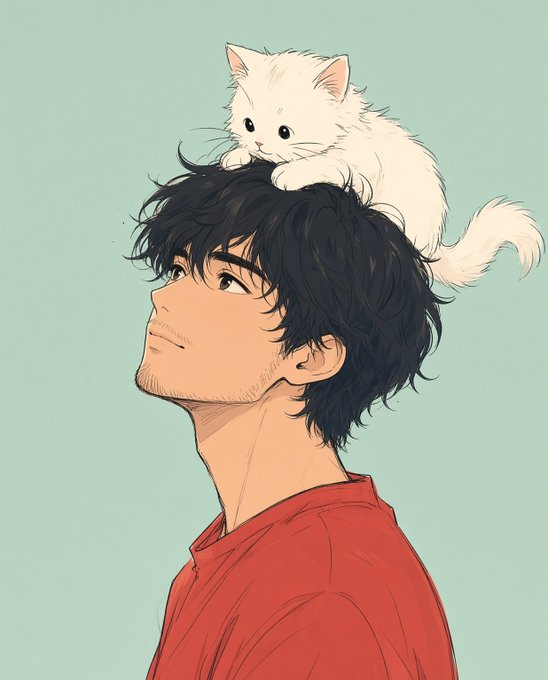 An illustration of a young man in profile wearing a red shirt, with a small white fluffy kitten sitting on top of his head against a light blue background.
