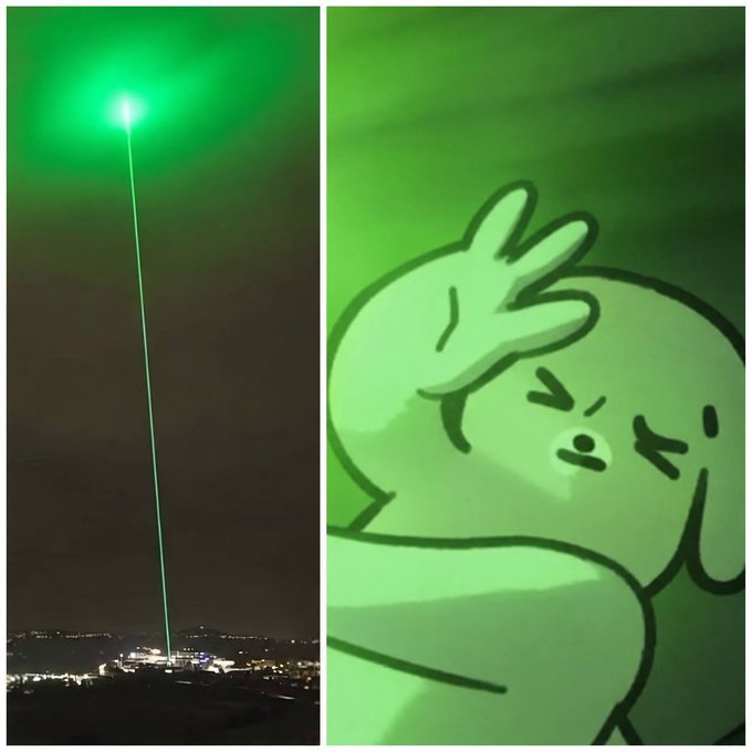 A side-by-side comparison: on the left, a real photograph of a powerful green laser beam shooting into the night sky; on the right, an illustration of a cartoon rabbit illuminated in green light, humorously suggesting the laser resembles a 'rabbit' or possibly a 'weaponized' beam.