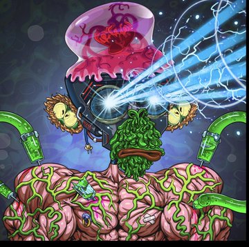 A surreal digital artwork featuring a muscular pink brain-like body with green veins, a green broccoli-shaped head, and a brain in a glass dome on top, shooting blue energy beams from mechanical eyes.