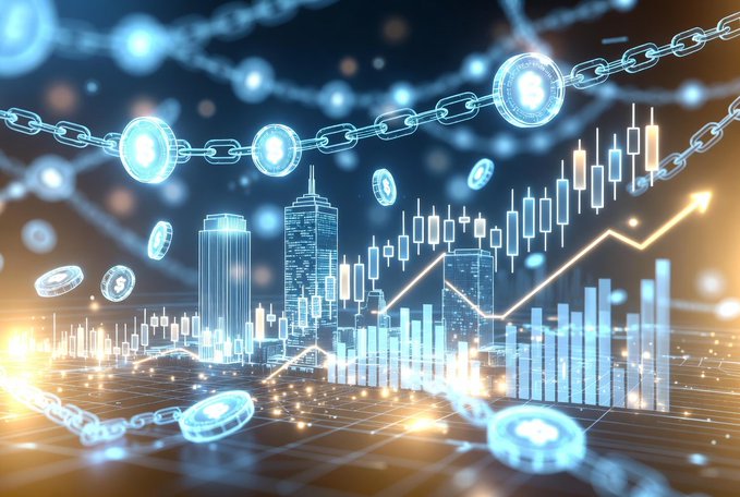 A digital artwork depicting a glowing financial chart with upward trending candlestick and line graphs surrounded by floating cryptocurrency coins and blockchain chains against a city skyline.