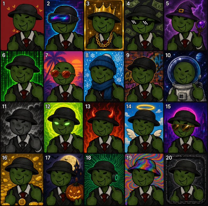 A grid of 20 numbered NFT-style cartoon avatars featuring a green character in a black hat and suit with various themed variations—including crowns, sunglasses, witches' hats, halos, devil horns, and space helmets—designed to let the poster pick which would represent their personality, with #3 (crowned king), #11 (grayscale), and #14 (angel with halo) highlighted as the chosen standouts.