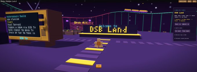 The image shows a virtual loading screen for "DSB Land," a colorful 3D environment featuring a "Welcome to DSB Land" sign and radio tutorials inviting users to seat, dance, walk closer, or shout "YO" to tune in, aligning with the post's "DSB land loading..." theme.