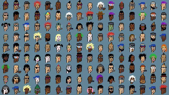 A grid of many small, pixel-art style character faces featuring diverse hairstyles, skin tones, and colorful hair (including green, blue, pink, and purple) on a gray background.