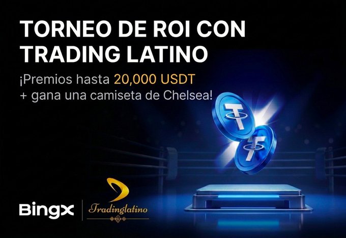 The image features a boxing ring with two blue coins suspended above it, one of which has a "T" on top. The text at the bottom of the image reads "Torneo de roi con trading latino". Below this, there is a promotional message that encourages people to invest in cryptocurrency and mentions a company called Bit.ly.
