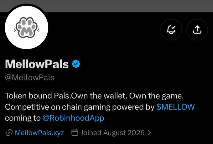 A Twitter/X profile page for 'MellowPals' (@MellowPals) with a paw print logo, describing themselves as 'Token bound Pals. Own the wallet. Own the game. Competitive on chain gaming powered by $MELLOW coming to @RobinhoodApp,' joined August 2026.