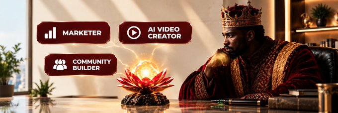 A promotional graphic showing a regal figure in ornate robes wearing a crown beside buttons labeled "MARKETER," "AI VIDEO CREATOR," and "COMMUNITY BUILDER" with a glowing lotus flower.