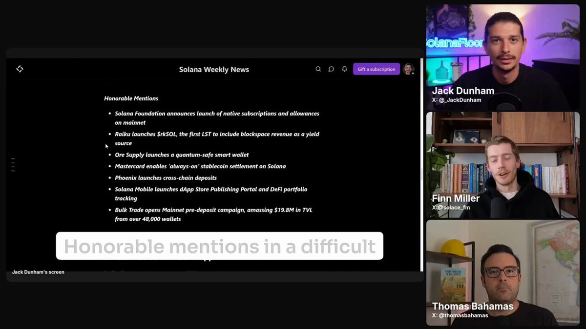 The image shows a computer screen displaying a discussion between three people named Jack Gordon, Jim Milner, and Jason Burtis. One of them has posted an article titled "Honorable mentions from this week" in the chat window. The other two individuals are engaged in the conversation by viewing or reading the post on their own computers. This image serves as a screenshot of a real-life online interaction between people who might be discussing and sharing ideas, news, or important information related to cryptocurrency or other topics of interest.
