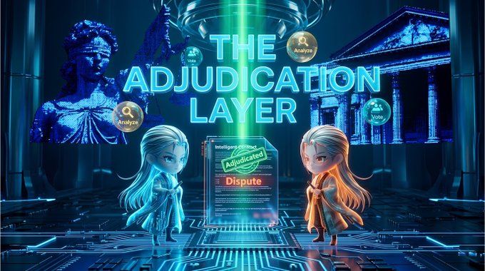 **Image Caption:** A futuristic digital courtroom scene featuring the bold text "THE ADJUDICATION LAYER" above a glowing dispute document labeled with "Adjudicated" and "Dispute" stamps, flanked by two stylized figures standing on circuit board flooring, with classical justice and senate icons in the background.

**Connection to Post:** The image visually represents the post's argument that as AI drives a massive surge of transactions (the "$9 trillion prediction"), a critical infrastructure gap exists—the need for a dedicated adjudication layer to resolve the inevitable disputes, depicted here as a digital courtroom for AI-powered conflicts.
