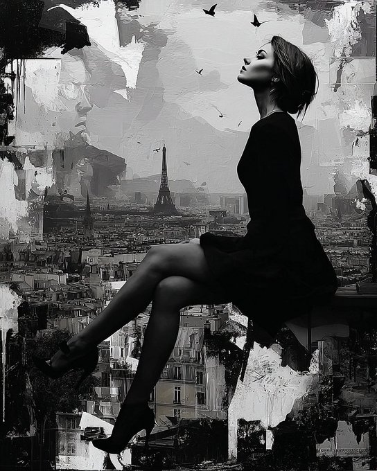 A black and white artistic composition featuring a woman in a black dress and high heels sitting in profile against a backdrop that incorporates the Eiffel Tower and Parisian cityscape.