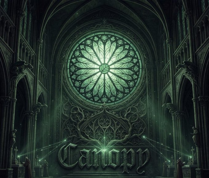 A dark gothic cathedral interior featuring a large green stained glass rose window and the word 'Tempo' displayed in stylized text below.