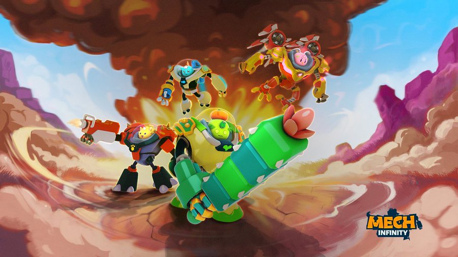Promotional artwork for the game 'MECH INFINITY' showing cartoonish mech robots charging forward through a desert explosion.