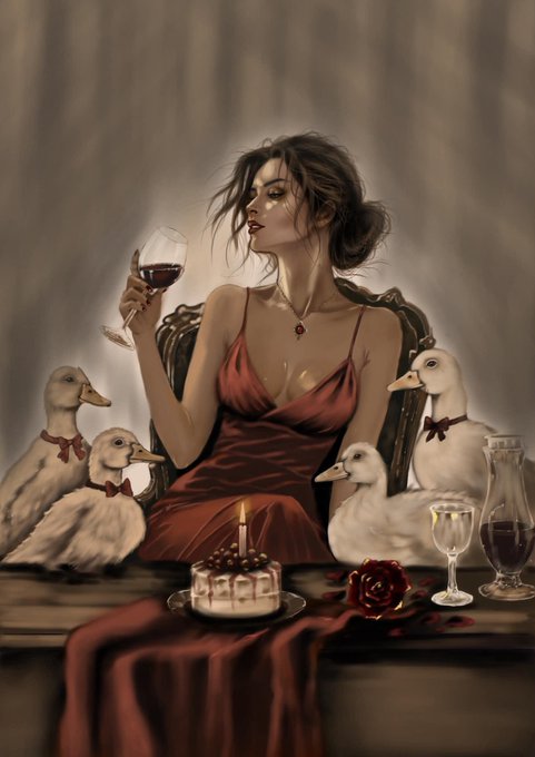 A stylized digital illustration of a woman in a red slip dress sitting at a table with ducks wearing bow ties, holding a glass of red wine, with a small cake and rose on the table.