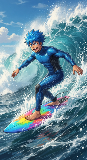 A vibrant anime-style illustration of a young man with blue spiky hair surfing on a rainbow-colored surfboard through a massive ocean wave.