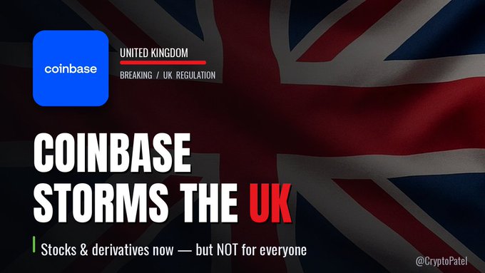 A promotional graphic featuring the Coinbase logo against a dark Union Jack flag backdrop, with bold text reading "COINBASE STORMS THE UK" alongside labels "UNITED KINGDOM" and "BREAKING / UK: REGULATION." The image announces Coinbase's FCA authorization under MiFID, aligning with the post about Coinbase's UK expansion enabling retail access to stocks and institutions to perpetual futures.