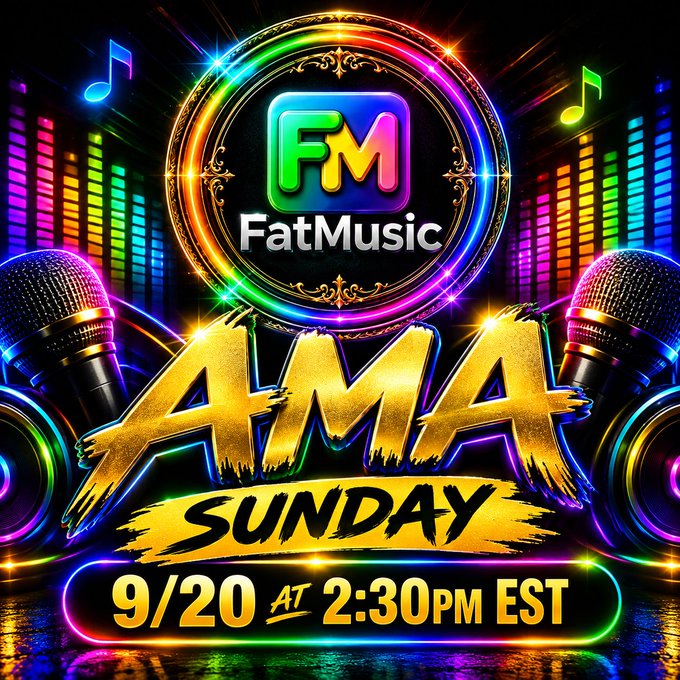 A colorful promotional graphic announces 'FM FatMusic AMA SUNDAY 9/20 AT 2:30PM EST' featuring neon lights, microphones, and equalizer bars.