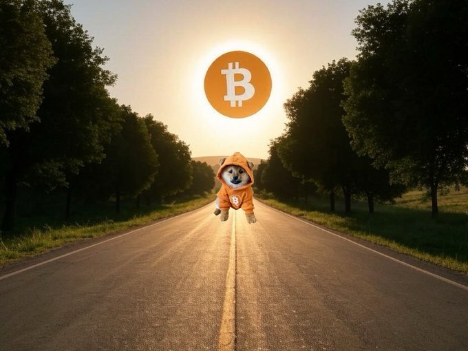 A Shiba Inu dog wearing a hoodie leaps down a sunlit road toward a glowing Bitcoin (₿) logo on the horizon, symbolizing crypto enthusiasm. The image ties to the "$DOG" ticker mentioned in the post, representing dog-themed memecoins chasing Bitcoin's bullish horizon with patience.
