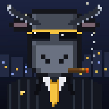 A pixel art illustration of a horned character in a suit smoking a cigar against a dark blue cityscape background.