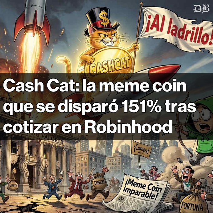 A cartoon illustration of a cat in a top hat holding a 'CASH CAT' coin and a banner reading '¡Al ladrillo!', with a Spanish headline stating 'Cash Cat: la meme coin que se disparó 151% tras cotizar en Robinhood'.