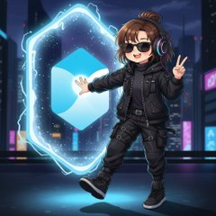 A stylized anime-style character wearing headphones and black clothing stands in front of a glowing blue hexagonal portal with a cube logo inside.
