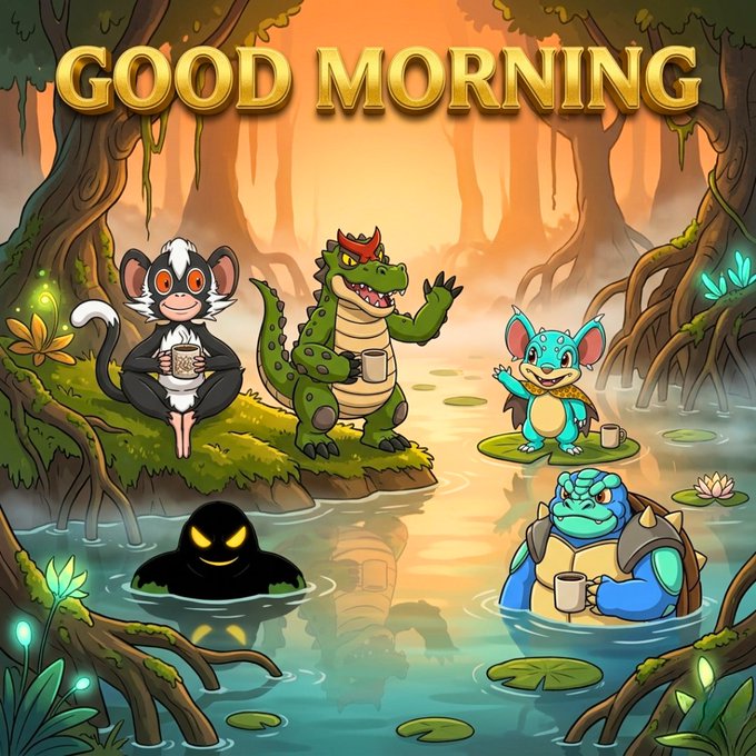 A digital illustration of cartoon monsters and creatures relaxing by a swampy river at sunrise, with 'GOOD MORNING' displayed in gold text at the top.