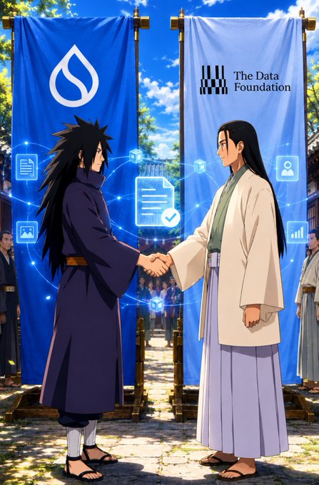 Two anime-style figures in traditional robes shake hands in front of banners, with the right banner reading 'The Data Foundation' alongside a barcode-like emblem.