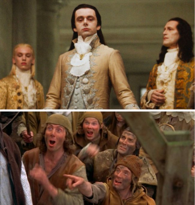 A two-panel image from a film showing elaborately dressed aristocratic figures in gold and cream period attire standing above a group of dirty, ragged peasants pointing and shouting.
