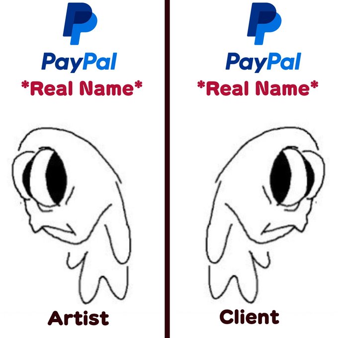 A meme showing two identical cartoon figures labeled 'Artist' and 'Client' beneath PayPal logos with '*Real Name*' in red text, illustrating the shared experience of using PayPal.
