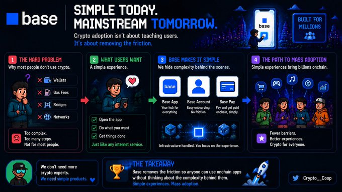 An infographic titled "SIMPLE TODAY. MAINSTREAM TOMORROW." about Base, a crypto platform, illustrating four sections: "THE HARD PROBLEM," "WHAT USERS WANT," "BASE MAKES IT SIMPLE," and "THE PATH TO MASS ADOPTION," with the takeaway "Base removes the friction so anyone can use onchain apps without thinking about the complexity behind them," attributed to @Crypto__Coop.
