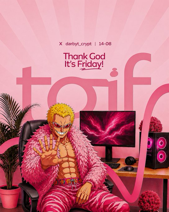An anime character with blonde hair and a pink fur coat sits at a gaming setup with the text 'Thank God It's Friday!' and 'X darbyt_crypt | 14-08'.
