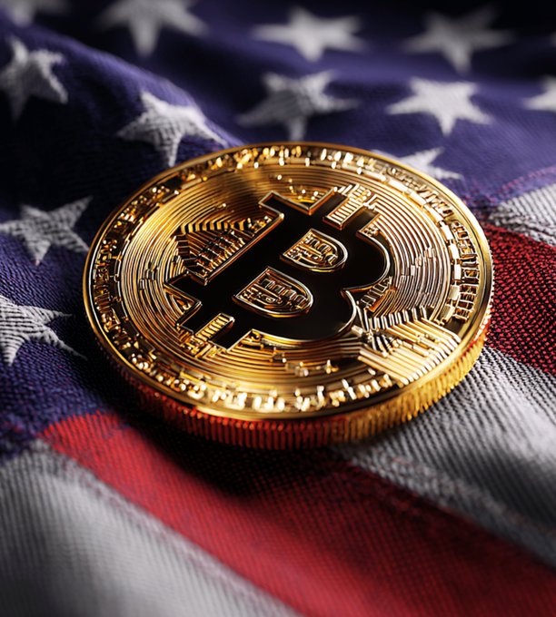 Golden Bitcoin coin resting on an American flag.