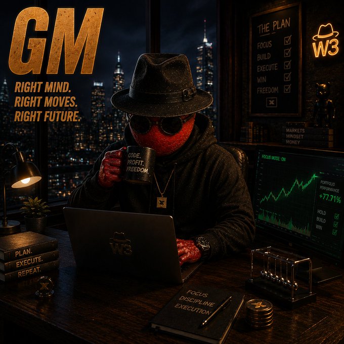 A stylized AI-generated image featuring a character in a fedora and sunglasses holding a mug reading 'CODE. PROFIT. FREEDOM.' in front of a laptop displaying 'W3', with prominent text 'GM - RIGHT MIND. RIGHT MOVES. RIGHT FUTURE.'